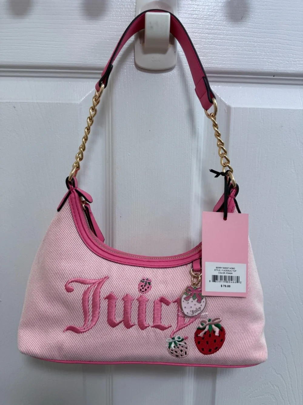 NWT Juicy Couture Berry Sweet Hobo in Pink, Strawberry 🍓 Charm